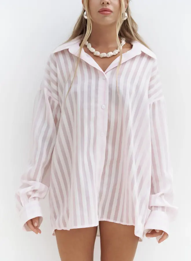 Transparant Gestreepte Roze  Oversized Overhemd