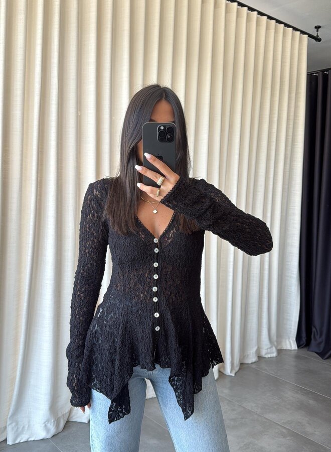 Top / Blouse Leafy Lace Zwart