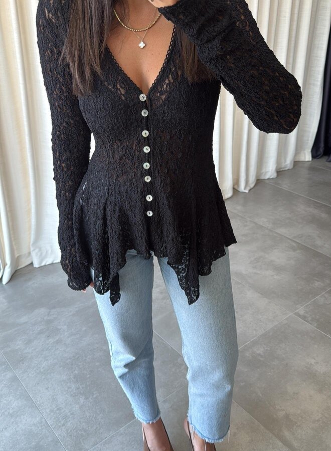 Top / Blouse Leafy Lace Zwart