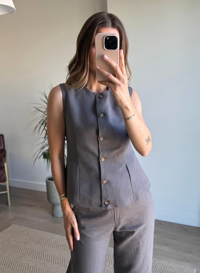 2 Delige Linnen Set Met Gilet Grijs