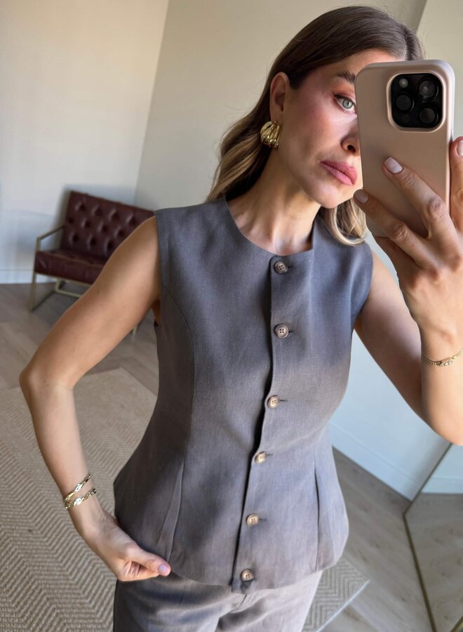 2 Delige Linnen Set Met Gilet Grijs