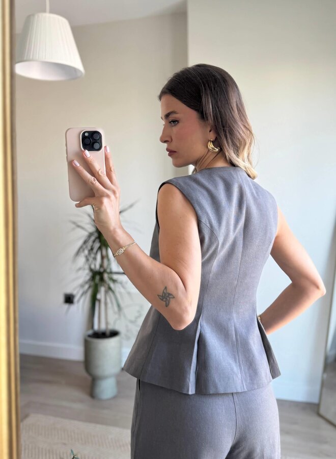 2 Delige Linnen Set Met Gilet Grijs