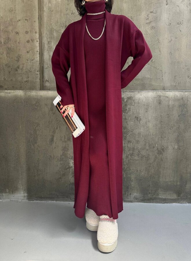 2 Delige Set Maxi Jurk + Maxi Vest Burgundy