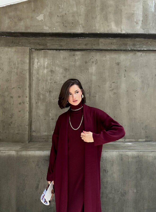 2 Delige Set Maxi Jurk + Maxi Vest Burgundy