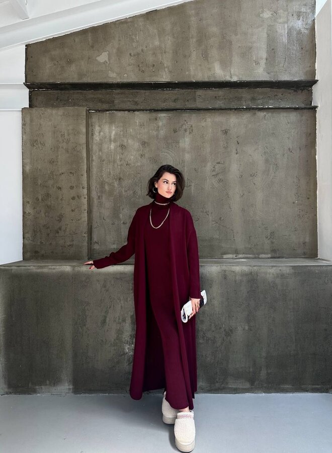 2 Delige Set Maxi Jurk + Maxi Vest Burgundy