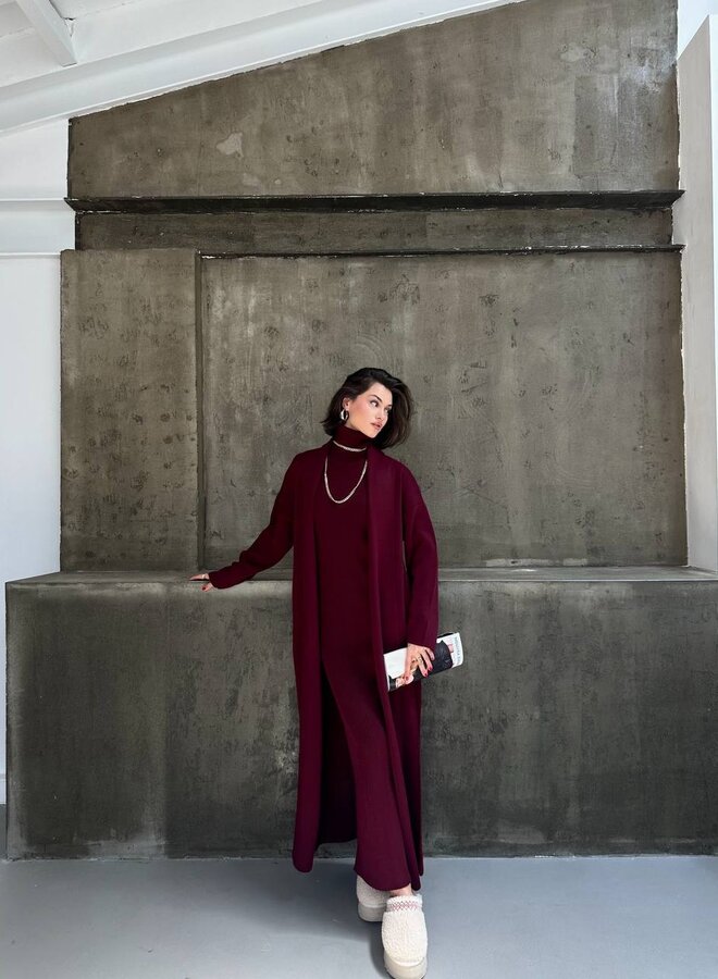 2 Delige Set Maxi Jurk + Maxi Vest Burgundy