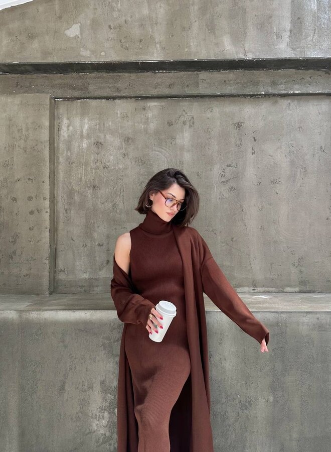 2 Delige Set Maxi Jurk + Maxi Vest Bruin