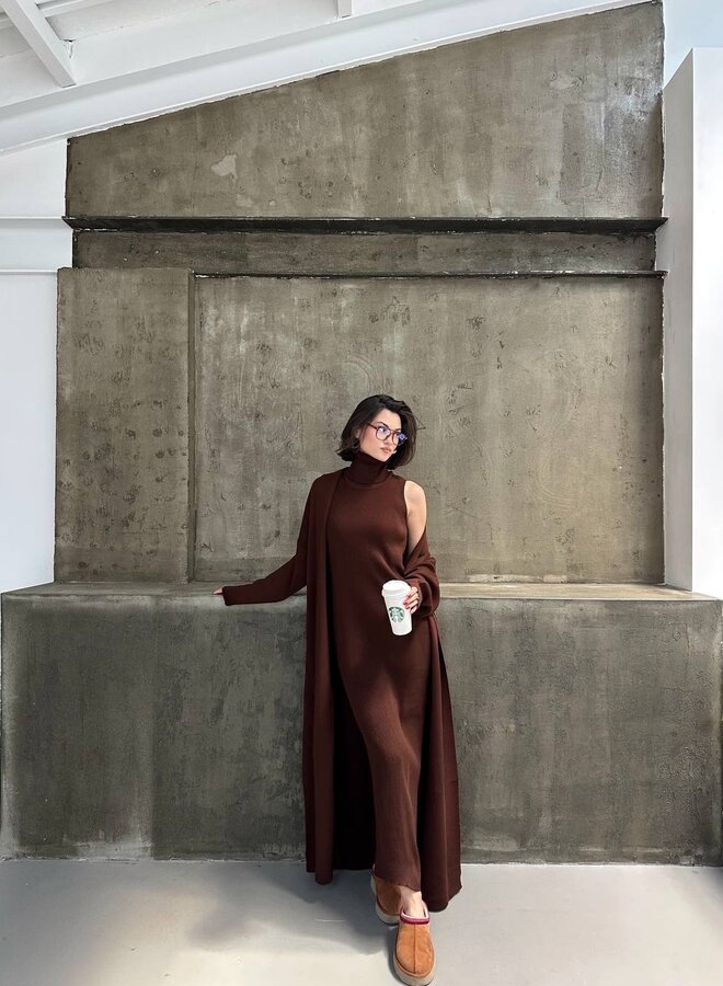 2 Delige Set Maxi Jurk + Maxi Vest Bruin