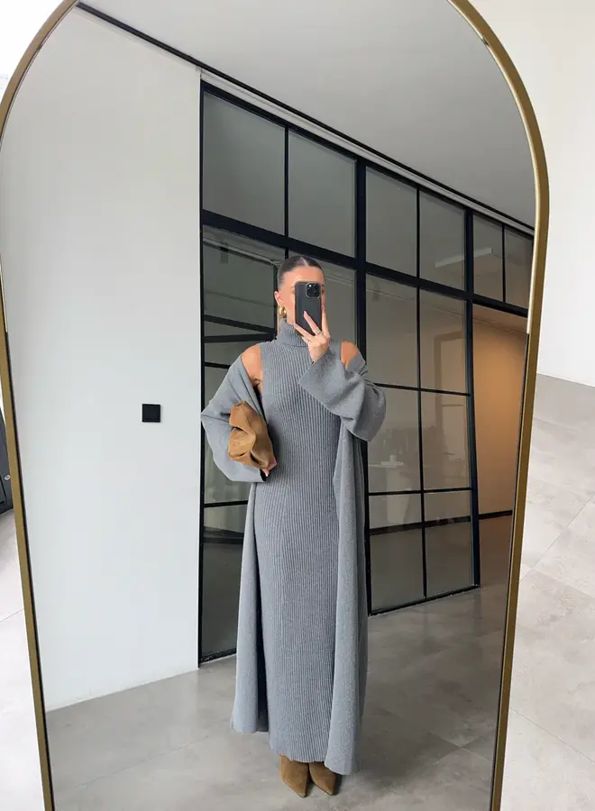 2 Delige Set Maxi Jurk + Maxi Vest Grijs