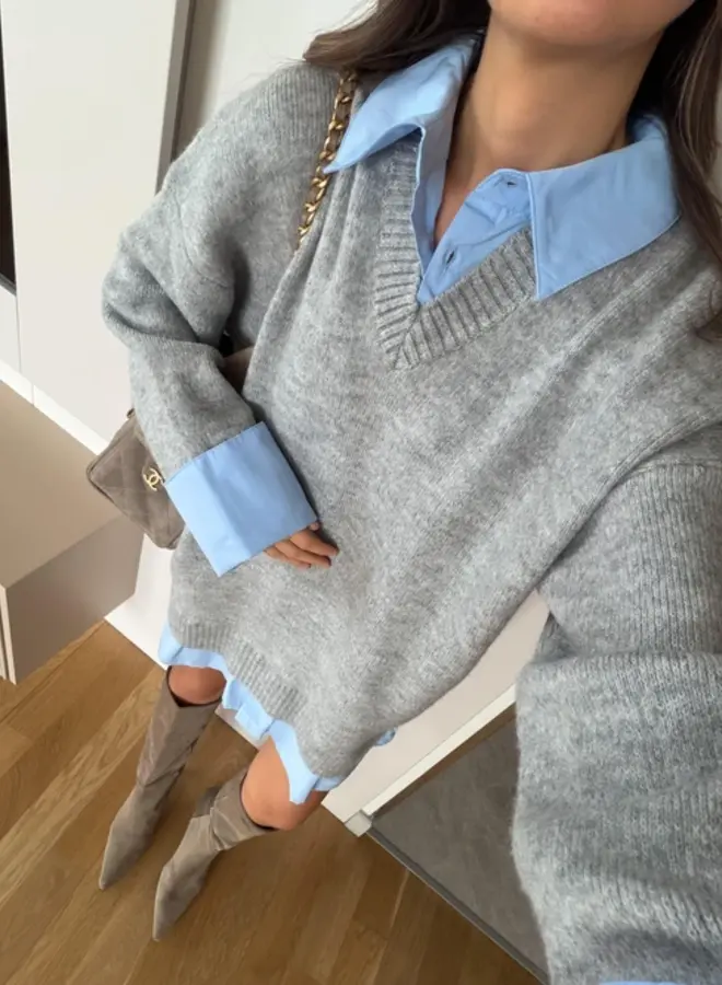 Overhemd-look Gebreide Jurk Grijs