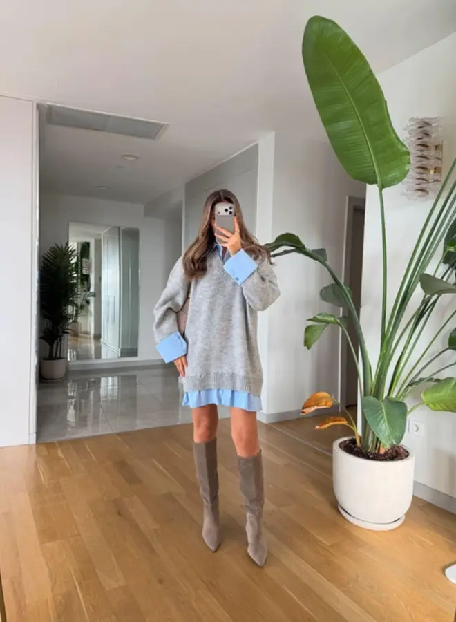 Overhemd-look Gebreide Jurk Grijs