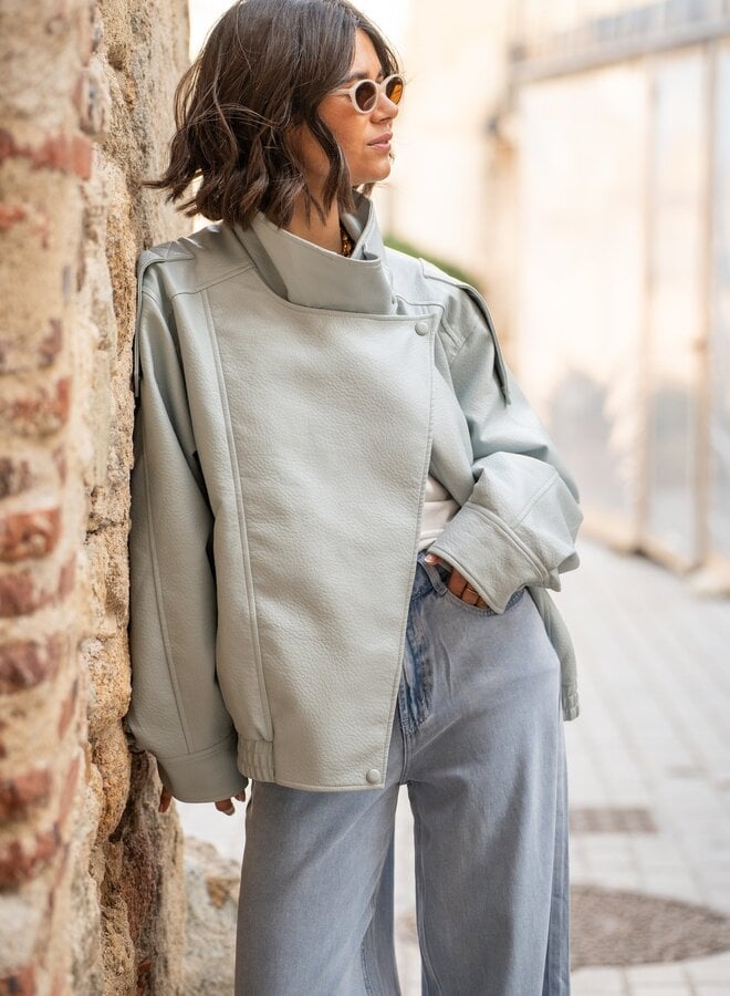 Jasje Leather Look Hoge Kraag Blauw-Grijs