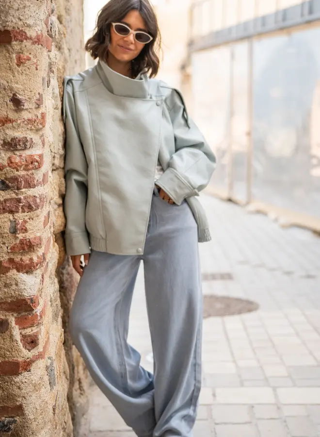 Jasje Leather Look Hoge Kraag Blauw-Grijs