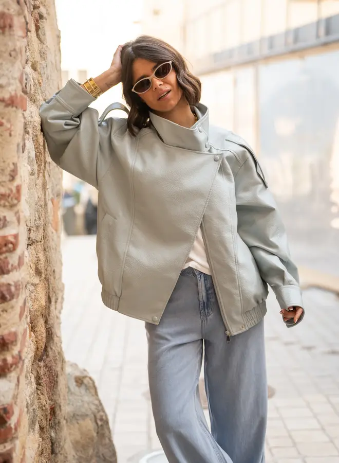 Jasje Leather Look Hoge Kraag Blauw-Grijs