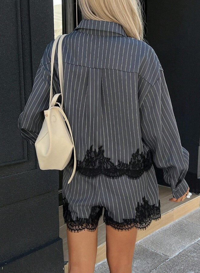 2 Delig Setje Antraciet  Lace Stripe