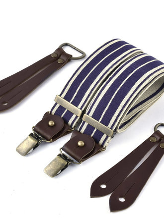 Bertelles Selvedge wide braces with buffalo leather - Ecru stripe on navy Bertelles Selvedge wide braces with buffalo leather - Ecru stripe on navy