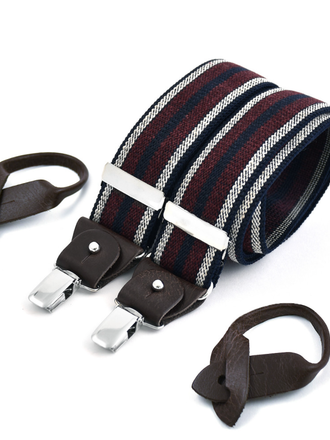 Bertelles Superior wide braces – Wine and ecru stripe on navy Bertelles Superior wide braces – Wine and ecru stripe on navy