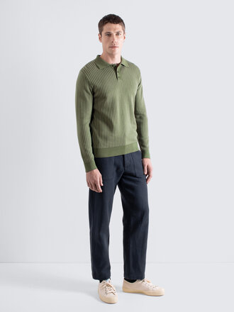 Far Afield Benny knitted polo green/stone pinstripe Far Afield Benny knitted polo green/stone pinstripe