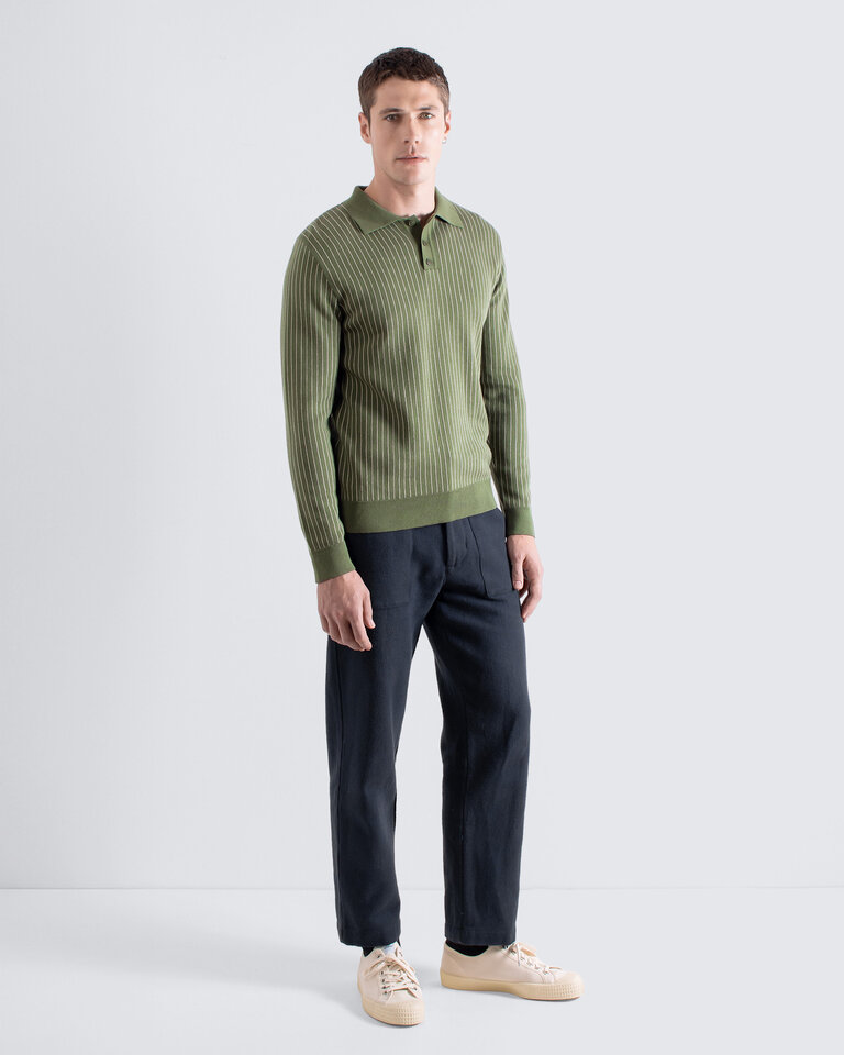 Far Afield Benny knitted polo green/stone pinstripe