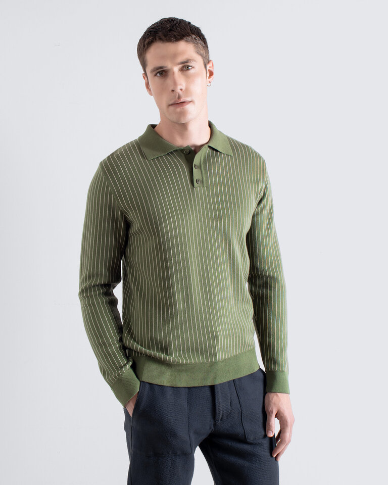Far Afield Benny knitted polo green/stone pinstripe