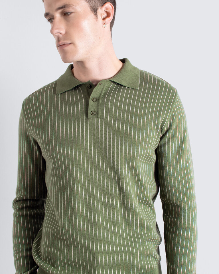 Far Afield Benny knitted polo green/stone pinstripe