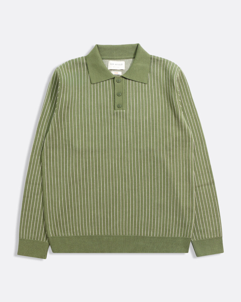Far Afield Benny knitted polo green/stone pinstripe