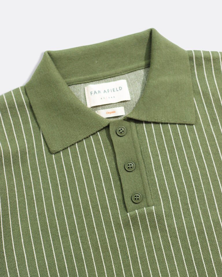 Far Afield Benny knitted polo green/stone pinstripe