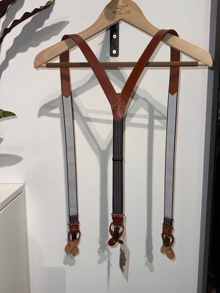 Mayenne Nelen Suspenders Cognac leather Blue with ecru stripes OS