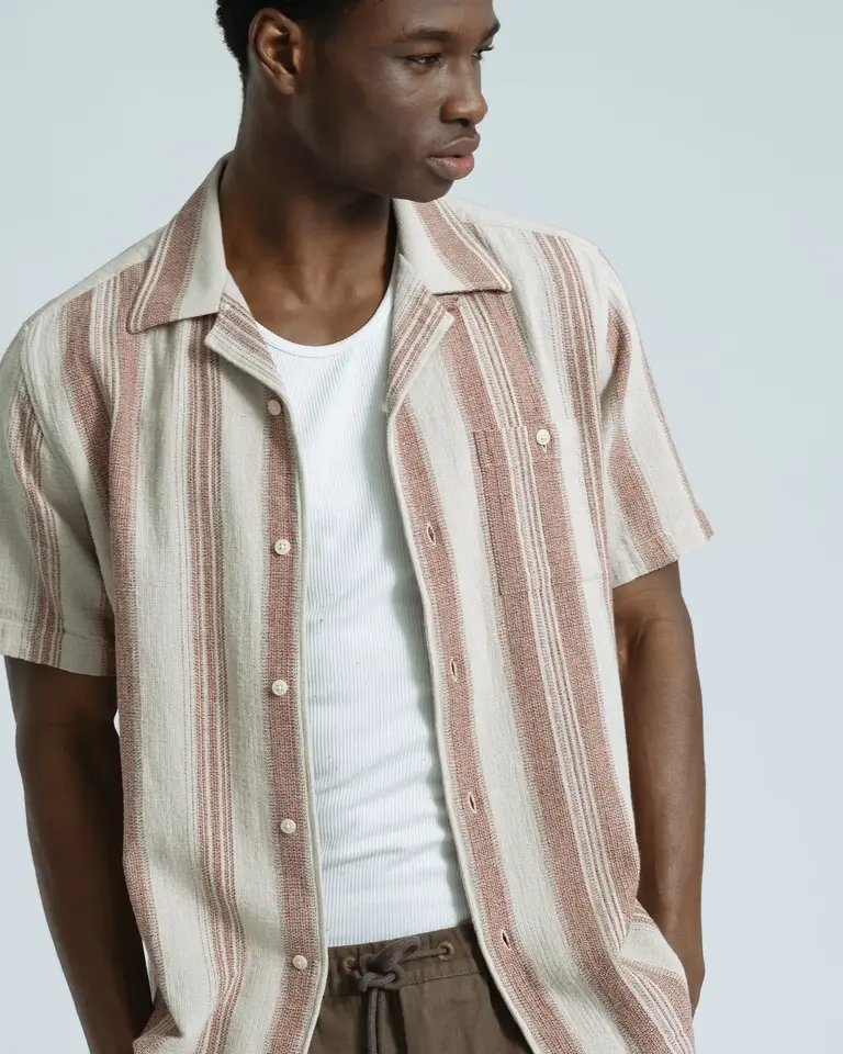Far Afield Selleck Shirt - Dobby Stripe Sand / Red
