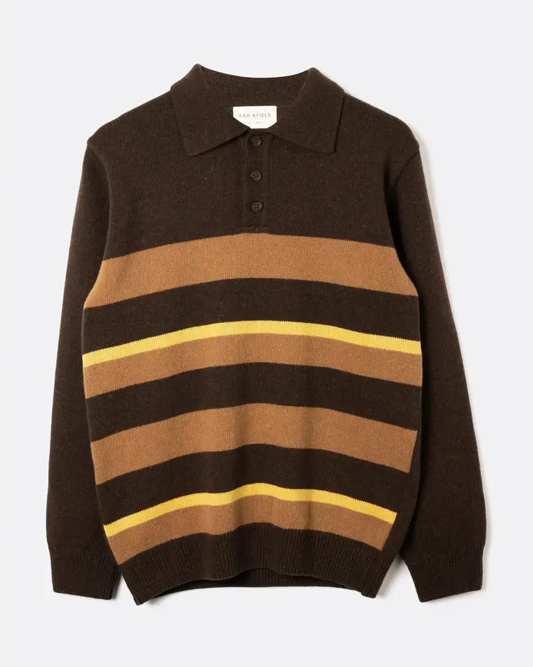 Far Afield Benny knitted polo brown yellow stripe