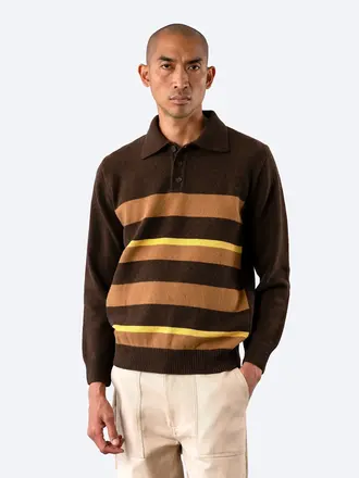 Far Afield Benny knitted polo brown yellow stripe