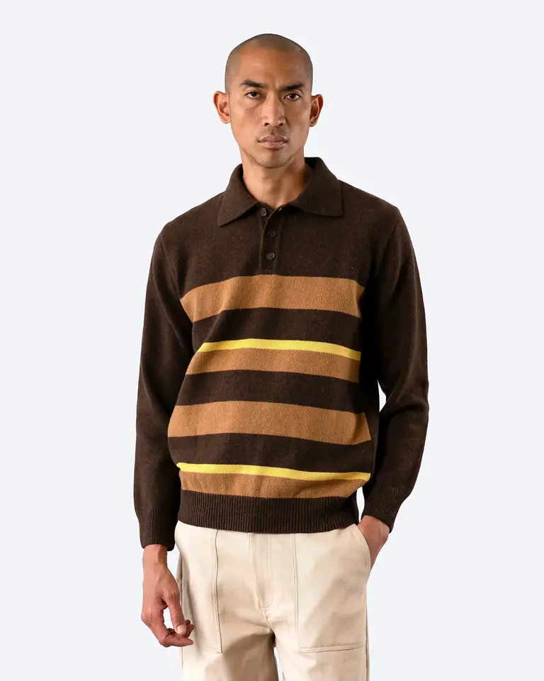 Far Afield Benny knitted polo brown yellow stripe