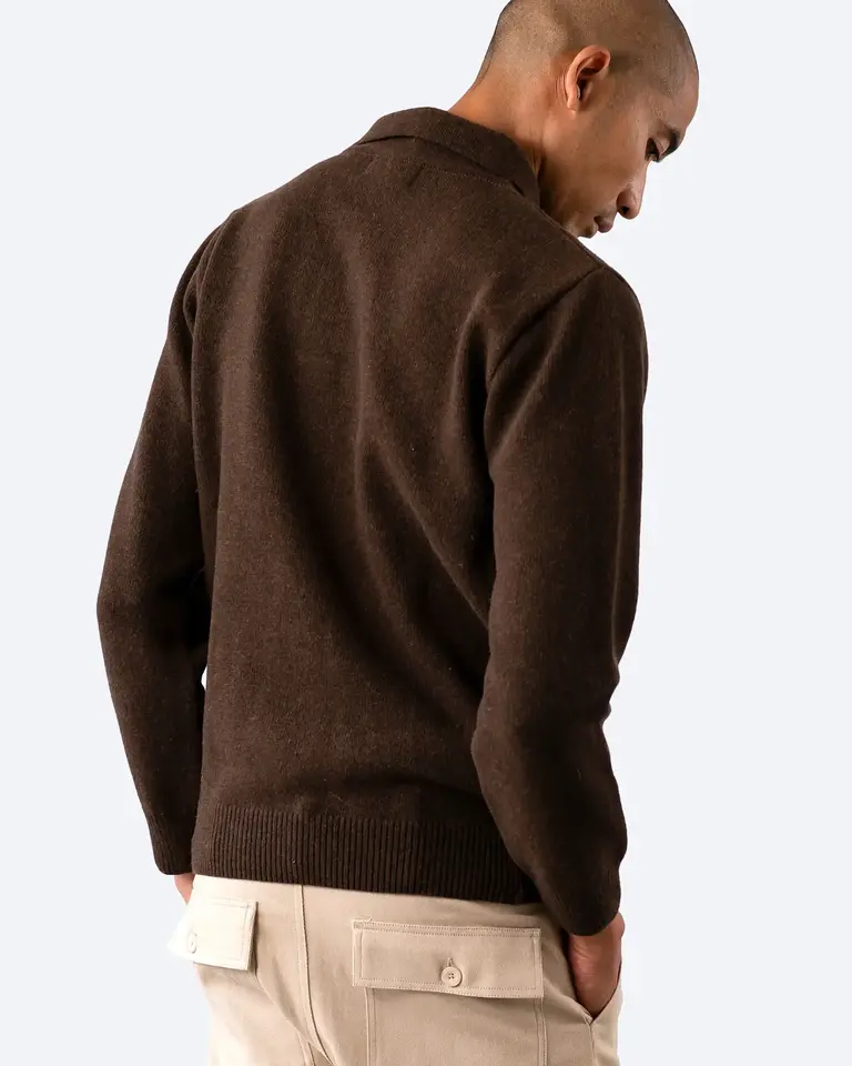 Far Afield Benny knitted polo brown yellow stripe