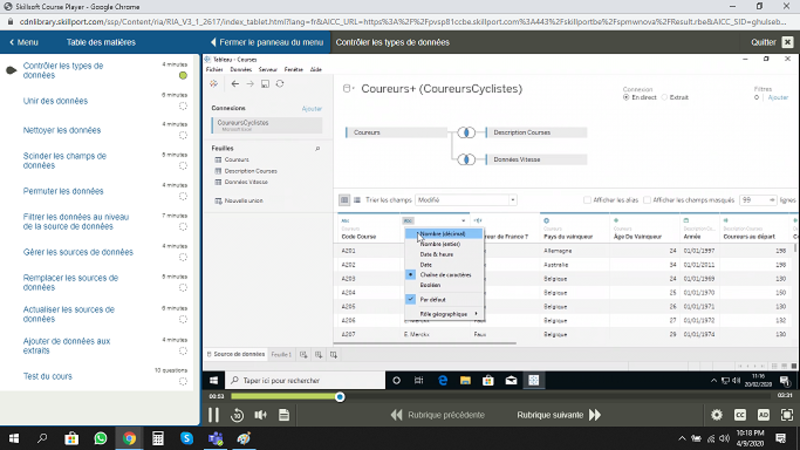 Tableau E-Learning Cours FR