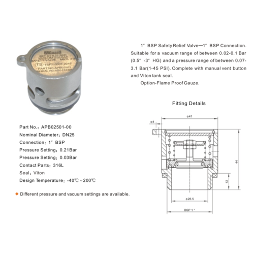 Pressure Relief Valve - DN25, 1" BSP 0.21bar - Vac. 0,03 bar GUARD™ Pressure Relief Valve - DN25, 1" BSP 0.21bar - Vac. 0,03 bar