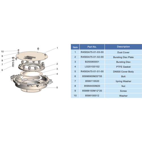 Conjunto de tapa de cierre DN500 con soporte de disco de ruptura -8 puntos. (500mm) GUARD™ Conjunto de tapa de cierre DN500 con soporte de disco de ruptura -8 puntos. (500mm)