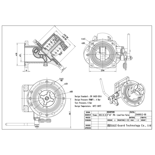 3” 45 Degree Foot Valve, PFA lined GUARD™ 3” 45 Degree Foot Valve, PFA lined
