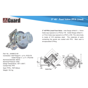 3” 45 Degree Foot Valve, PFA lined