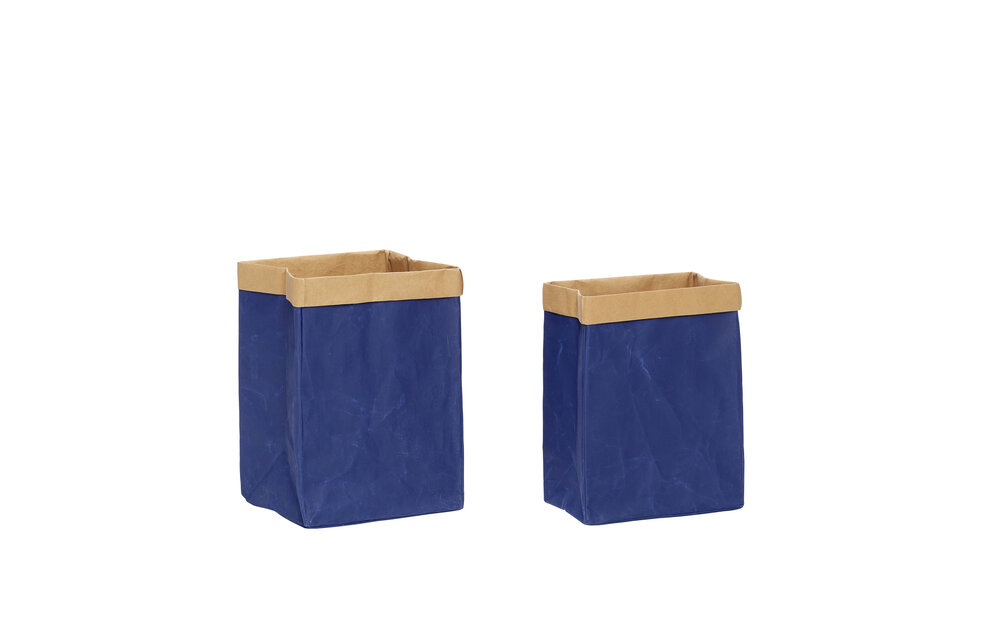 Wasmand, vierkant, wasbaar papier, blauw / beige, set van 2