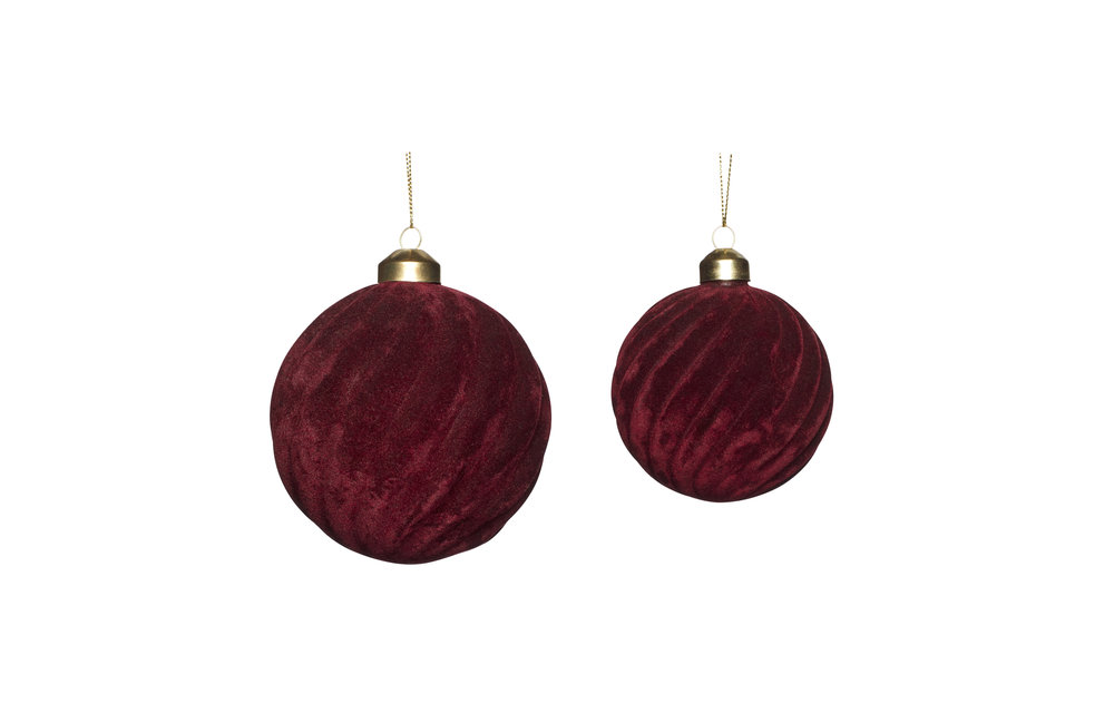Kerstbal, velours, rood, set van 2