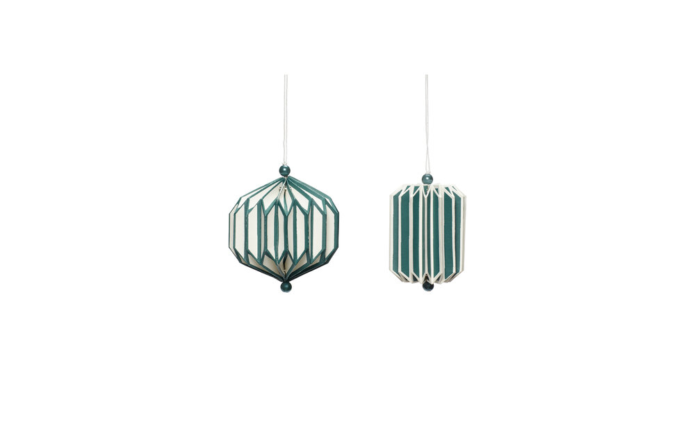 Kerstornament, handgevouwen papier, groen / wit, set van 2