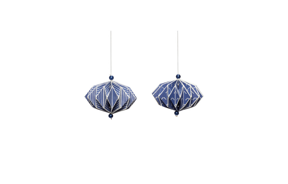 Kerstornament, handgevouwen papier, blauw / wit, set van 2