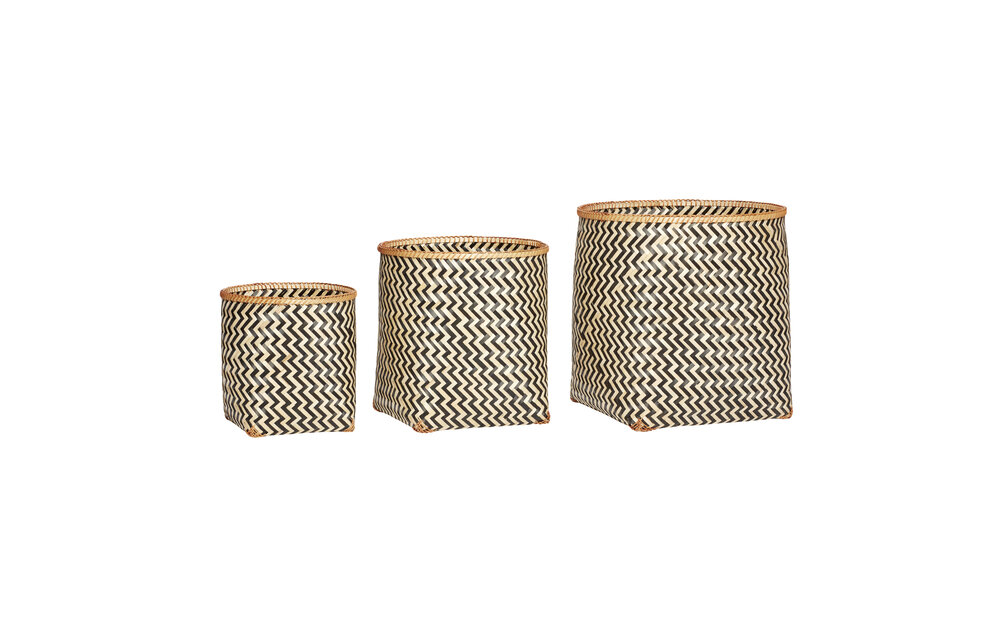Mand, rond, bamboe, natuur / zwart, set van 3