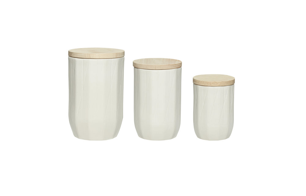 Pot met deksel, porselein / hout, wit / natuur, set van 3