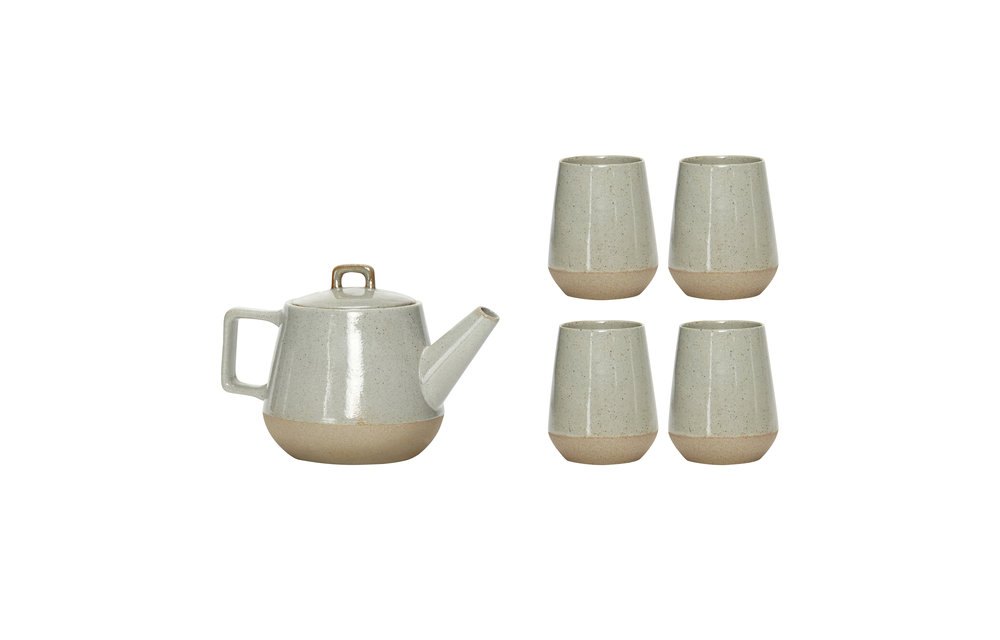 Theepot met 4 kopjes, keramiek, grijset van zand