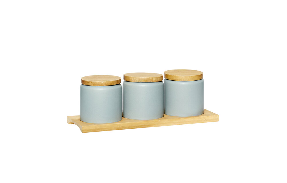 Pot met deksel en dienblad, keramiek / hout, grijset van natuur, set van 3