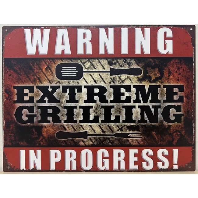 BBQ wandbord Warning Extreme grilling In Progress 33x25cm