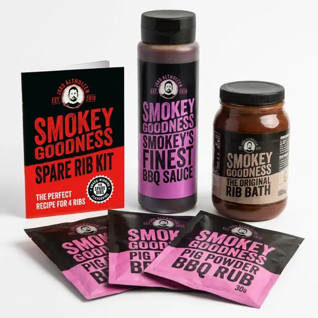 Smokey Goodness Sparerib Kit voor 4 Ribs met BBQ Saus, Pig Powder Rub & Rib Bath