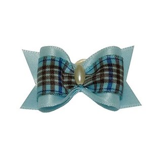 Show Tech Bow Handmade with Pearl Large Baby Blue - Plaid