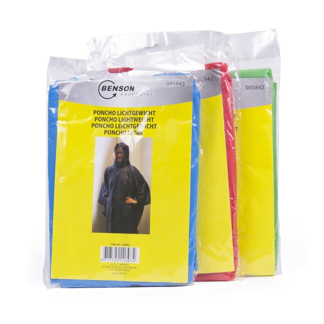 Benson Lichtgewicht regenponcho - herbruikbaar - universele maat - 100 cm lengte - 124 cm breedte